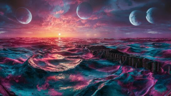A captivating 3D render of an alien sunrise over an enigmatic ocean, teeming with vibrant and mesmerizing colors. Three celestial moons cast their ethereal glow on the water's surface, reflecting the otherworldly hues that evoke a sense of awe and exploration. The ancient, mysterious shoreline structure hints at a long-lost civilization, stirring the viewer's curiosity. The panorama encapsulates humanity's yearning to explore their cosmic origins and embark on a new journey, blending cinematic and wildlife photography-inspired aesthetics to create a truly immersive and inspiring experience., cinematic, 3d render, vibrant, wildlife photography
