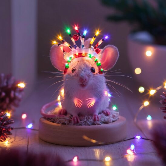 A captivating image of a tiny mouse, adorned with a festive headpiece featuring colorful LED lights that twinkle and sparkle. The mouse sits atop a wooden base, surrounded by a serene and softly lit room. The warm, inviting glow from the LED lights casts a magical ambiance, filling the space with a sense of holiday cheer. The overall atmosphere is cozy and enchanting, perfect for enjoying a quiet, festive moment.