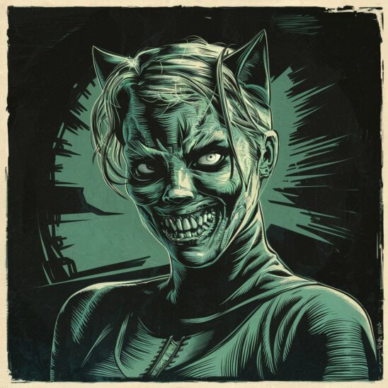 A captivating linocut illustration of a grizzled, cinematic zombie Catwoman exuding an intense and macabre atmosphere. The Catwoman's weathered, rotting face is adorned with disheveled hair and a sinister grin, revealing her jagged teeth. She stands against a dark, cinematic background, which accentuates the pale green and blue hues of her complexion. The overall mood of this eerie scene is intense and surreal, with a touch of cinematic flair., cinematic, illustration