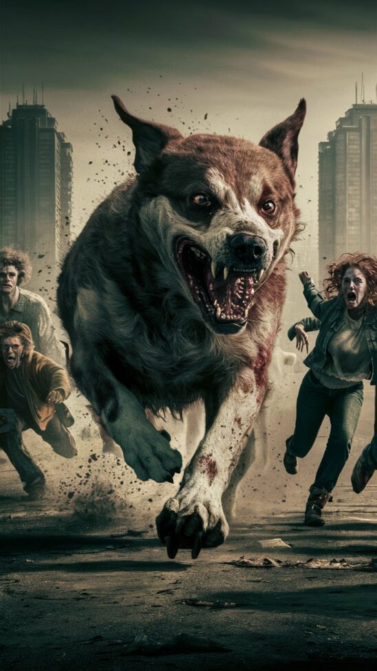 A chilling, high-quality photograph of a colossal, rabid zombie dog in full attack mode. Its teeth are bared, and it is emitting a menacing growl as it races at breakneck speed towards a group of panicked individuals. The people's disheveled appearance and wild eyes convey their desperation to defend themselves against the vicious beast. The background features a desolate urban landscape, with towering buildings visible in the distance, casting long shadows over the scene. The overall atmosphere is one of fear, chaos, and impending doom., photo