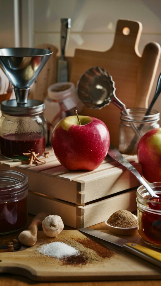 A cozy, well-lit kitchen scene featuring a pristine red apple at the center, perched on a wooden crate. Surrounding the apple, an array of tools and ingredients used for preservation are meticulously arranged. A jar, funnel, ladle, knife, and cutting board can be seen, along with a mixture of spices and sugar. The warm ambiance invites a sense of domestic crafting, as the apple awaits its transformation into a delicious homemade preserve.