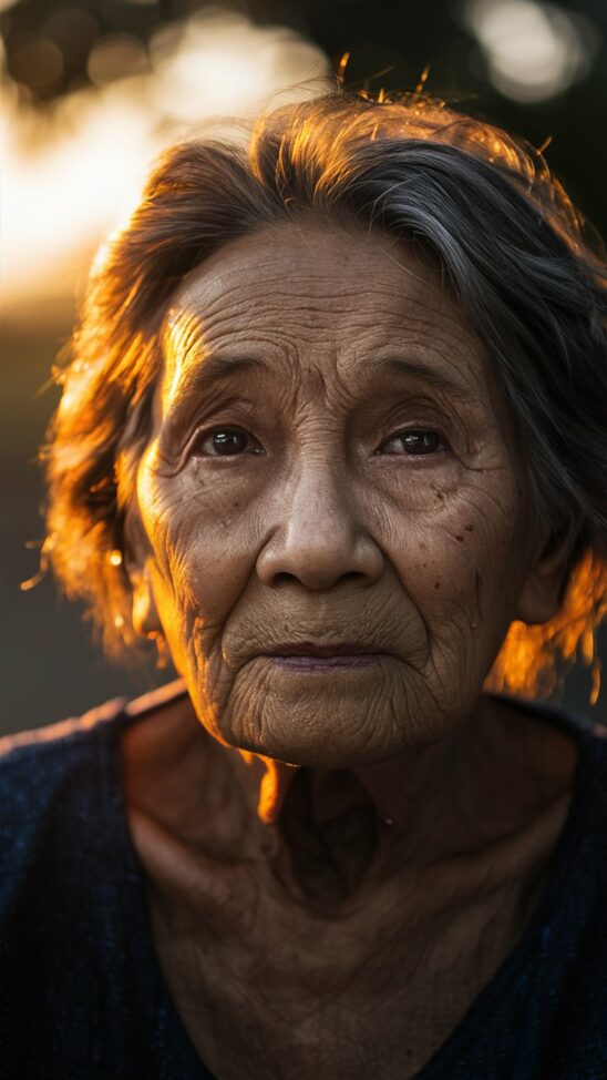 A deeply emotive, high-resolution close-up portrait of an elderly woman, captured using a Canon EOS R6 and a portrait lens. Her weathered face tells a thousand stories of life's journey, with her eyes radiating wisdom and a subtle hint of melancholy. The scene is bathed in warm, golden hour lighting, creating a soft sunset glow that frames her face. The background is soft and blurred, focusing the viewer's attention on the subject's expressive features and timeless beauty.
