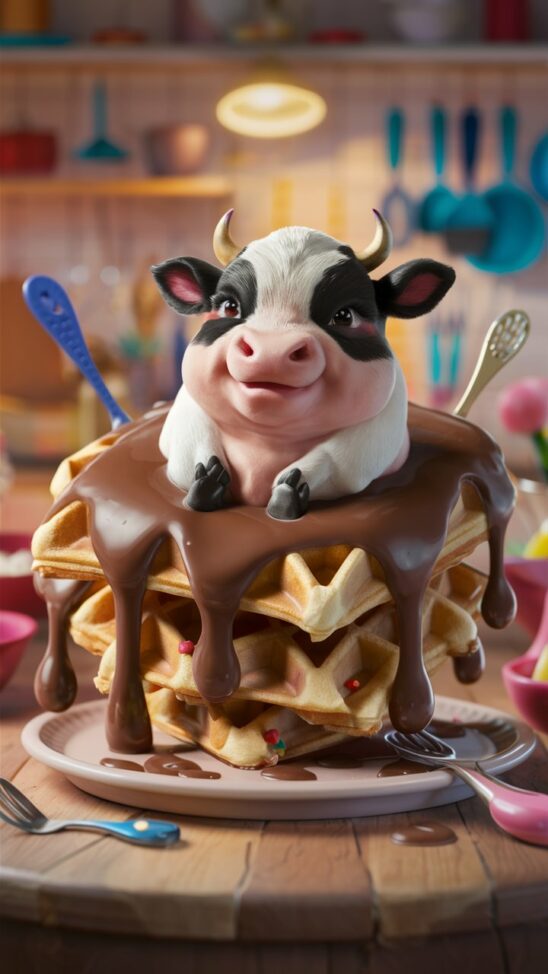 A delightful and hyper-detailed illustration of a contented, chubby miniature cow, sitting inside a waffle dripping with rich, smooth chocolate. The waffle itself is golden and crispy, with tiny hearts and smiley faces imprinted on it. The cow's eyes sparkle with happiness, and its little legs are crossed, as if it's enjoying a luxurious treat. The background is a cozy kitchen with a warm, inviting atmosphere, filled with colorful utensils, pots, and pans.