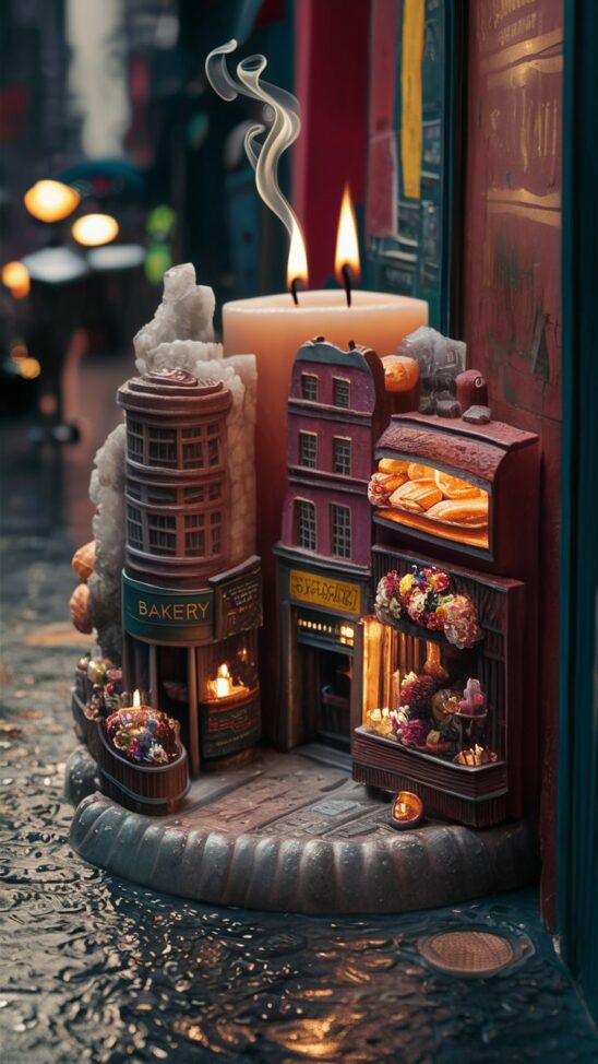 A delightful cityscape candle that encapsulates the essence of urban life. The candle, shaped like a miniature cityscape, features intricate details such as buildings, streets, and parks. In the corner, a charming bakery puffs out a gentle wisp of smoke, filling the air with the tantalizing scent of freshly baked bread. Next to it, a street vendor displays a vibrant array of flowers, their fragrance intertwining with the bakery's aroma. The damp pavement glistens, reminiscent of a recent rainfall, adding a refreshing note to the atmosphere. As the candle burns with a soft, warm glow, it invites you to lose yourself in the bustling, sensory-rich world of the city, transporting you to a vibrant urban landscape.