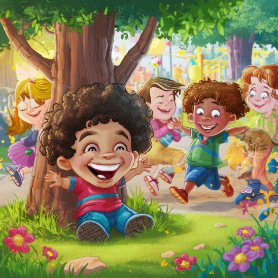 A delightful, vibrant scene of children engaged in a lively game of hide-and-seek. A playful and mischievous child hides behind a tree, their wide smile radiating joy. The background reveals a park filled with colorful flowers, tall trees, and a bustling playground. The atmosphere is warm and inviting, filled with laughter and the joy of childhood camaraderie, as the children thoroughly enjoy this fun-filled afternoon.