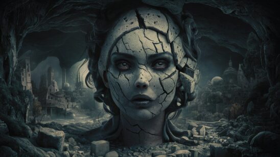 A mesmerizing, high-resolution ArtStation masterpiece showcases a hauntingly beautiful woman with a face made of cracked and broken concrete. Her sunken eyes pierce through the darkness, revealing a connection to an underworld cave city lurking behind her. The intricate texture of the concrete and her lifelike features leave the viewer in awe. The scene is illuminated by soft, natural volumetric light, creating a cinematic atmosphere that blends elements of 3D render, oil painting, and award-winning photography. This captivating and trendsetting artwork combines various techniques to evoke a sense of otherworldly beauty and surrealism, making it a true masterpiece., photo, poster, cinematic, 3d render