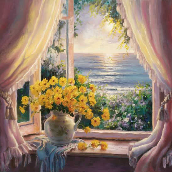 A serene and captivating painting of a window sill in a cozy cottage, featuring a vase filled with vibrant yellow flowers. The sill is adorned with soft, flowing curtains that gently billow in the breeze, framing the picturesque sea view beyond. The panorama showcases a breathtaking stretch of ocean, bathed in warm sunlight that dances across the water's surface. The overall atmosphere emanates calmness and peacefulness, evoking a sense of tranquility and relaxation. Each detail is meticulously captured, from the delicate petals of the yellow flowers to the gentle ripples of the sea, inviting viewers to immerse themselves in nature's beauty and find solace within this serene moment., painting