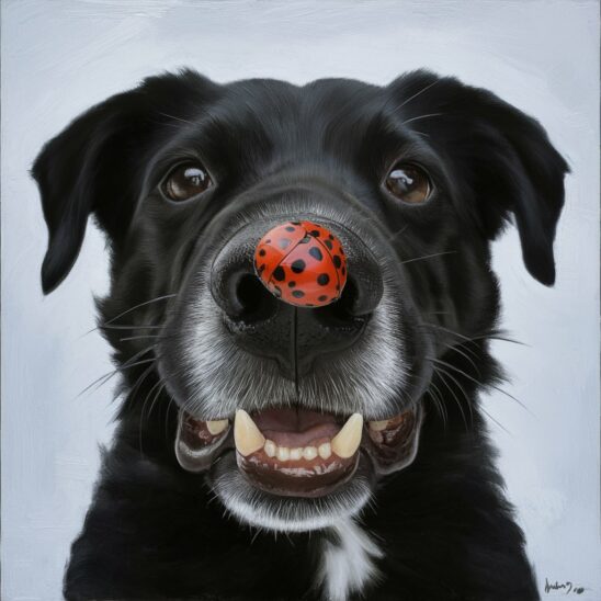A stunning close-up portrait of a black dog's face, with a playful and engaging expression. The dog's snout is the focal point, featuring a bright red and black spotted ladybug resting on its nose. The dog's teeth are visible, creating a gentle smile. The background is a simple white hue, allowing the subject's details and the ladybug to stand out vividly.