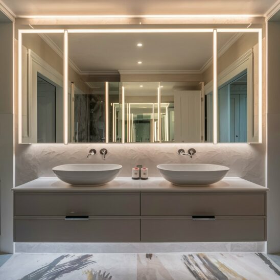 A stunning master bathroom featuring a large mirror with LED backlighting. The mirror is mounted on a sleek vanity with two basins, and the LED lights create a soft, warm glow around the mirror, accentuating its edges. The bathroom is designed with a modern aesthetic, showcasing a beautiful blend of white and gray tones, with abstract patterns on the floor tiles.