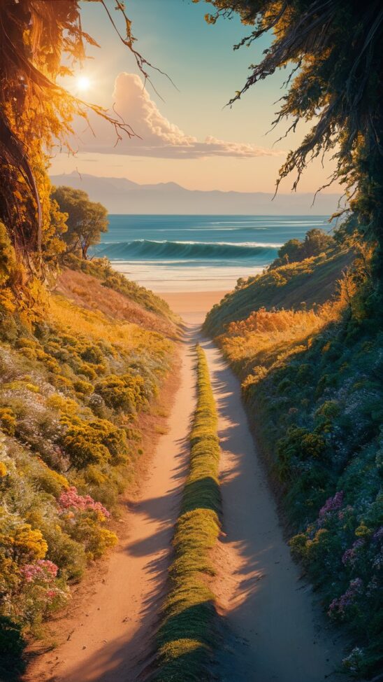 A stunning, photorealistic painting capturing a picturesque path leading to a pristine beach. The scene is set on a bright, sunny day, with warm sunlight casting a golden glow over the vibrant landscape. The path is flanked by lush, detailed fields of nature, full of diverse flora and fauna. In the distance, the beach is framed by a breathtaking seascape, with rolling waves and a horizon that merges seamlessly with the sky. The artwork exhibits incredible detail and a cinematic quality, evoking a sense of awe and wonder. The 3D render-like style and vibrant color palette make this a truly captivating and trending artistic masterpiece., poster, cinematic, 3d render, photo, vibrant, illustration, wildlife photography, fashion