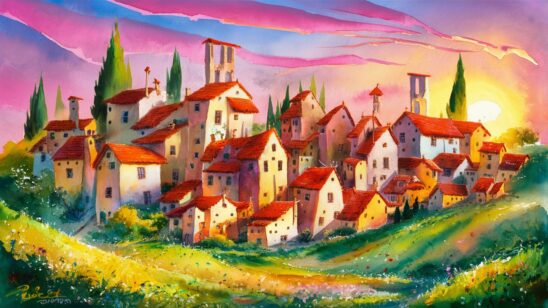 A vibrant watercolor painting in the style of Marc Chagall, capturing a whimsical Tuscan village with warm hues and red-roofed houses. The late afternoon sun casts a golden glow on the scene, with streaks of pink and orange in the sky. The village is nestled among rolling hills with greenery and wildflowers, and the overall ambiance is serene and dreamy. The painting's composition is playful and full of life, inviting the viewer to step into this enchanting world., painting, vibrant