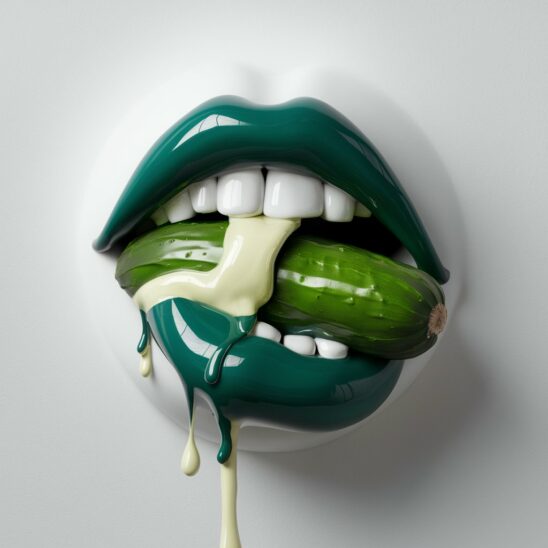 A whimsical and humorous illustration of glossy, deep green lips comically biting into a juicy cucumber. The vibrant lips are vividly contrasted against a pure white background, drawing the viewer's attention and creating a playful, surreal scene. The cucumber, wedged between the lips, drips with juices, adding a dynamic and engaging element to this otherwise static composition. The overall effect is a delightful blend of humor and visual intrigue, inviting viewers to ponder a world where lips can express emotions and desires.