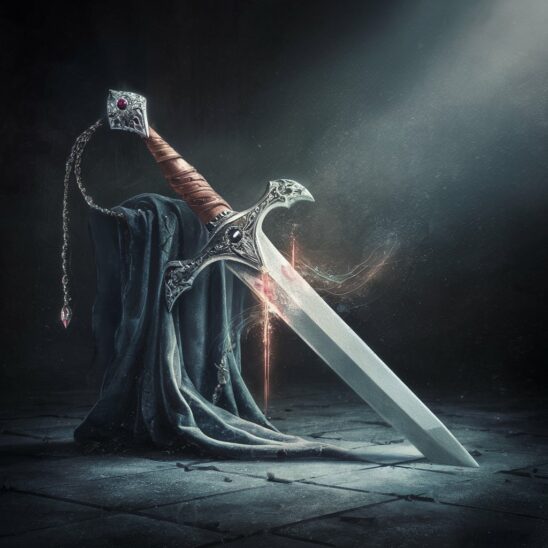 An exquisite conceptual illustration of a medieval fantasy sword, gracefully resting on a cold stone floor. The handle, intricately engraved and adorned with glittering gemstones, exudes an air of opulence. The once resplendent blade now possesses a subdued magical hue, gradually unveiling its plain form beneath. The atmosphere is dramatic and cinematic, tinged with a touch of melancholy. The waning magic serves as a poignant reminder of the passage of time or a loss of power, evoking a sense of nostalgia and longing., conceptual art, illustration, cinematic