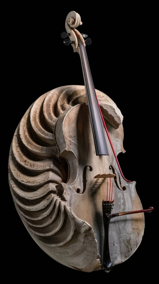 An exquisite, high-definition photograph of an extraordinary cello meticulously sculpted from a massive ammonite fossil. The cello's body showcases the stunning, intricate spirals of the fossil, creating a unique and organic masterpiece. Contrasting with the natural form, the sleek, black wooden neck and scroll exude elegance and sophistication. The vibrant red strings echo a sense of passion and energy, while the beautifully crafted bow features intricate details and a smooth, glossy finish. The overall atmosphere of the image is mysterious and enchanting, as if the cello holds a hidden, magical melody waiting to be unveiled.