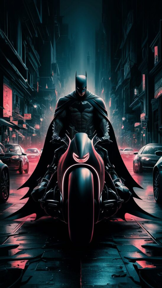 In the cloak of night, the Dark Knight stands atop his sleek and elegant futuristic Bat Bike, a symbol of strength and determination in the chaos of Gotham City. The illustration, inspired by the visionary style of Zack Snyder, captures the essence of darkness and elegance, as the Bat Bike's mesmerizing design adds depth to the scene. The neon glow of the cityscape illuminates the path of the vigilante, symbolizing the promise of justice amidst the turmoil. This captivating artwork takes viewers on a journey into the depths of the human spirit, where hope flickers even in the darkest of nights. The scene is a masterful blend of tranquility and chaos, showcasing the Dark Knight's unwavering confidence and poise as he navigates the treacherous streets of Gotham, illustration, conceptual art, poster
