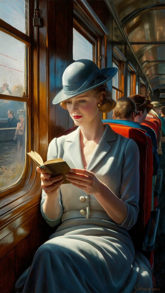 In this exquisite Edward Hopper-inspired oil painting, we see a refined woman from the 1930s, exuding sophistication and elegance. She dons a stylish hat and delicately reads a small book while seated by a train window. The sunlight streams in, casting a warm glow on her face and the pages of her book, creating an atmosphere of tranquility and nostalgia. The train's interior is impeccably detailed, highlighting the wood panels, seats, and distant passengers, all contributing to an air of timeless grace and beauty.